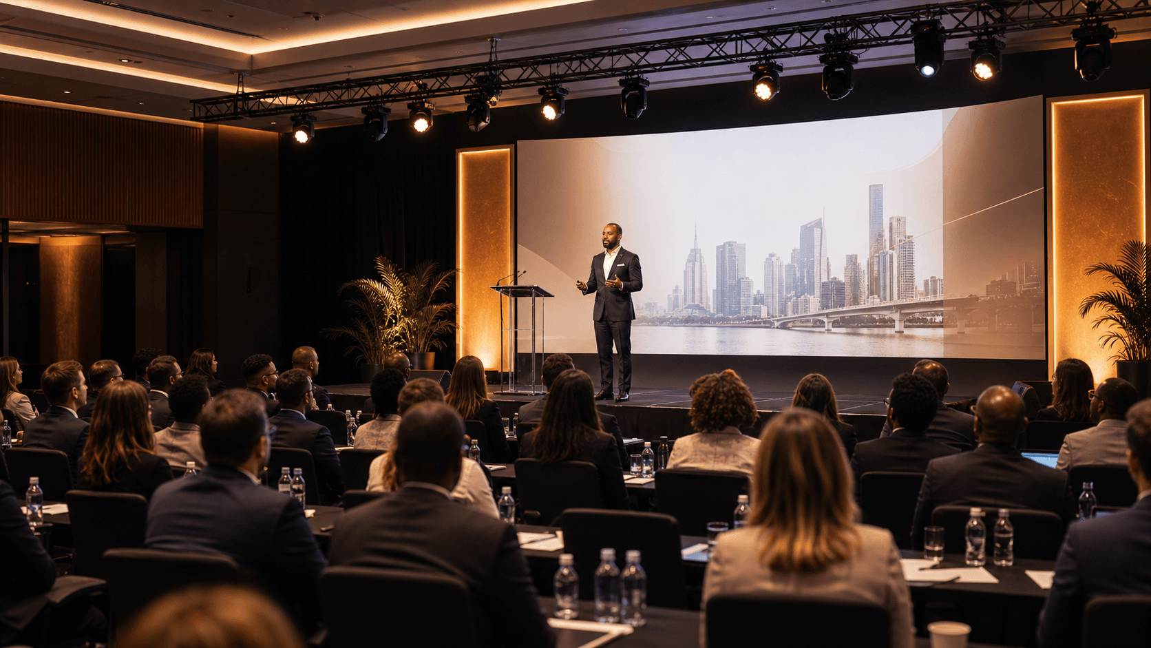 Conference keynote speaker presenting to a professional audience